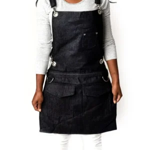 Short Water Proof Barber Hair Stylist Multi-purpose Crossback Black Jean Apron With Pockets (Petite)